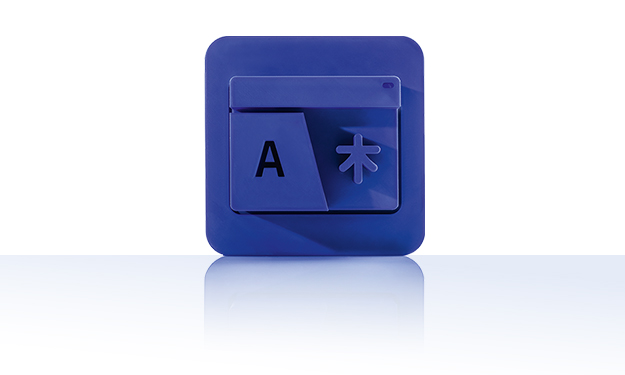 Das Symbol ist unicolor blau und zeigt zwei überlappende Karteikartenelemente. Auf dem vorderen ist links ein großes „A“ zu sehen, rechts ein Zeichen in asiatischer Schrift. Das Icon ist in einem Quadrat mit abgerundeten Ecken eingebettet. Es symbolisiert die Mehrsprachige Oberfläche von crossbase.