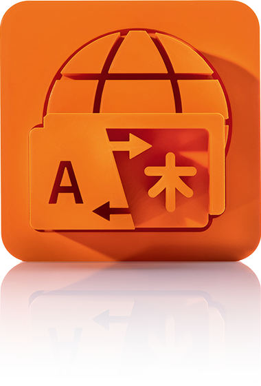 The symbol is unicolor orange and shows a stylized globe in the background. In the foreground is a translation window with a large 